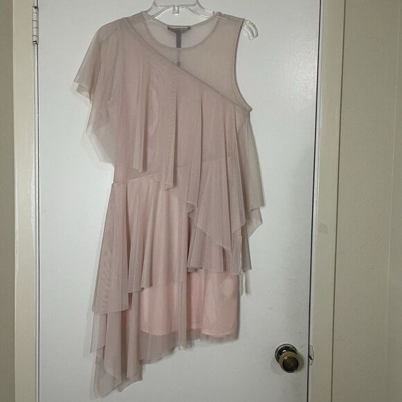 NEW! BCBGMAXAZRIA dusty pink chiffon tiered asymmetrical mini dress US XS - Picture 4 of 5